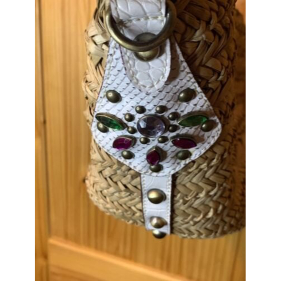 Vintage Guess Straw Woven Satchel Beach Tote Handbag Purse ,Bling,gems, Summer - Picture 5 of 9